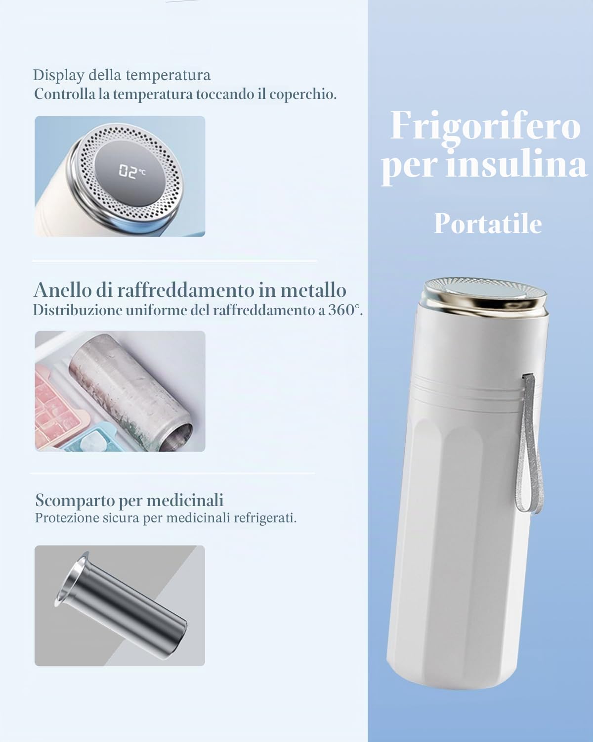 Borsa termica per insulina con anello di congelamento in metallo e indicatore di temperatura - Borsa termica medicinali TSA da viaggio per diabetici, adatta per penne e refrigeranti (Bianco)