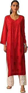 House of Chikankari Shab Pure Chikankari Chanderi Straight Kurta - Red
