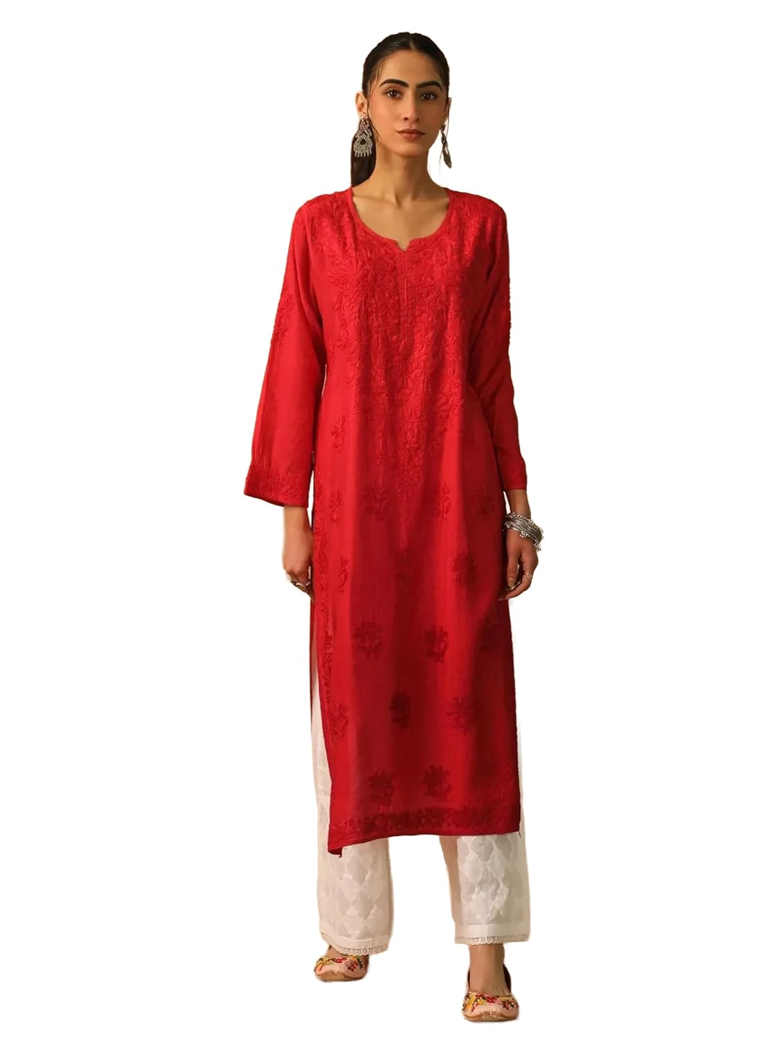 House of Chikankari Shab Pure Chikankari Chanderi Straight Kurta - Red - Review, Price and Buying Guide