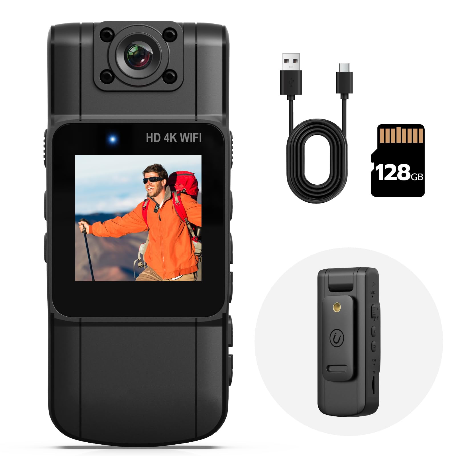 eLinkSmart 4K Bodycam mit Ton, 128GB integriert, IR-Nachtsicht, 180° Objektiv, 3 Std. Aufnahme, Körperkamera für Outdoor, Sport, Motorrad & Reisen
