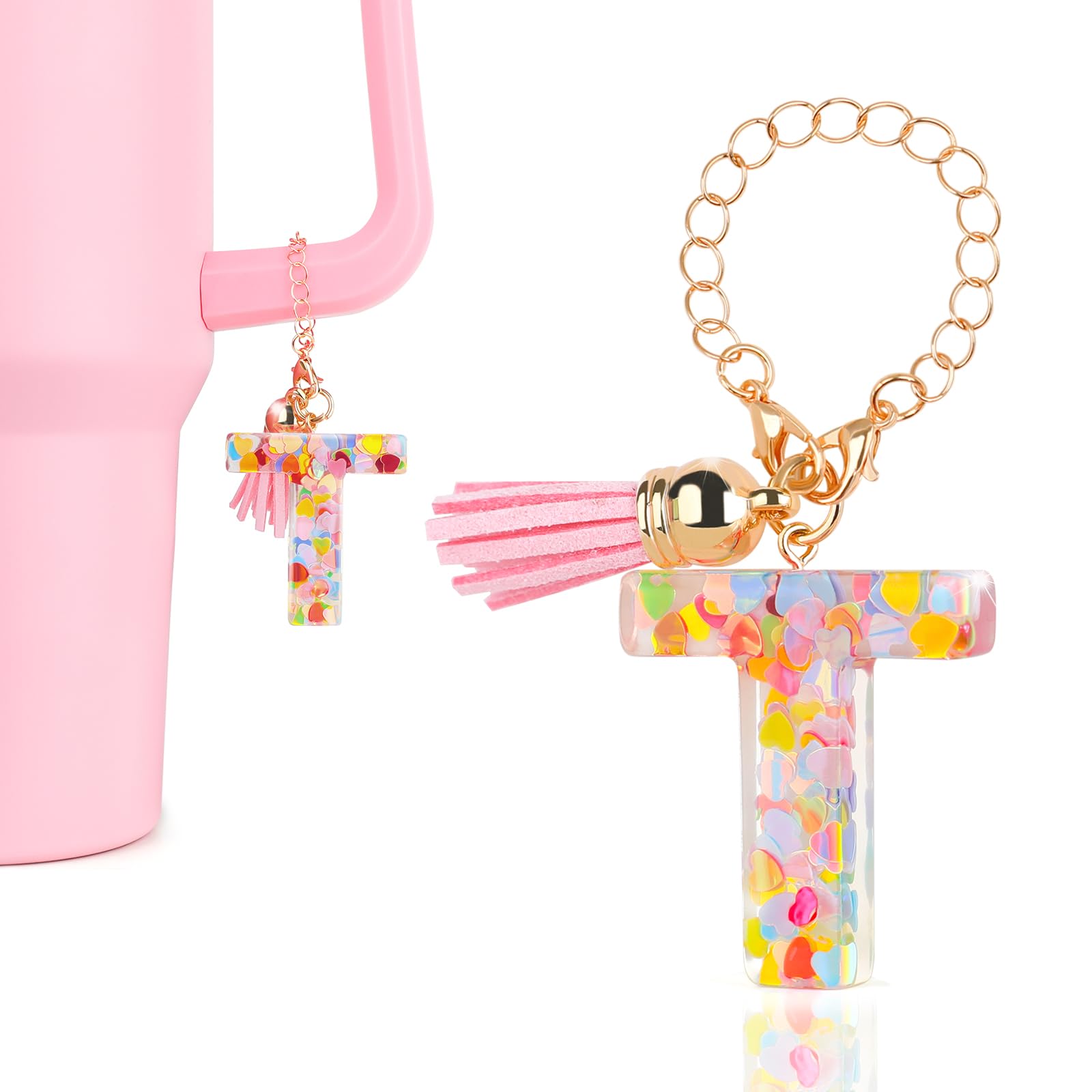 DECZHIYU Letter Charms for Stanley Cup Accessories, Cute Initial Pink Keychain Handle Charm for Stanley Tumbler for Women