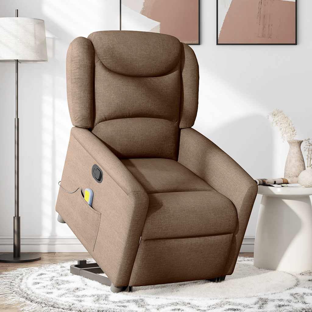 Sillón elevador de personas de masaje reclinable marrón tejido con 6 puntos de masaje, función de elevación eléctrica y reclinación manual hasta 135 grados, cómodo