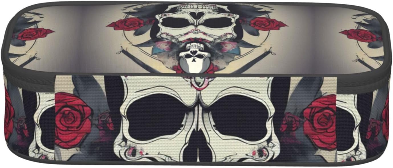 Skull Yoga Print Large Capacity Layered Pencil Pouch, Zipper Storage Bag with Mesh Pocket & Pen Slots image 3