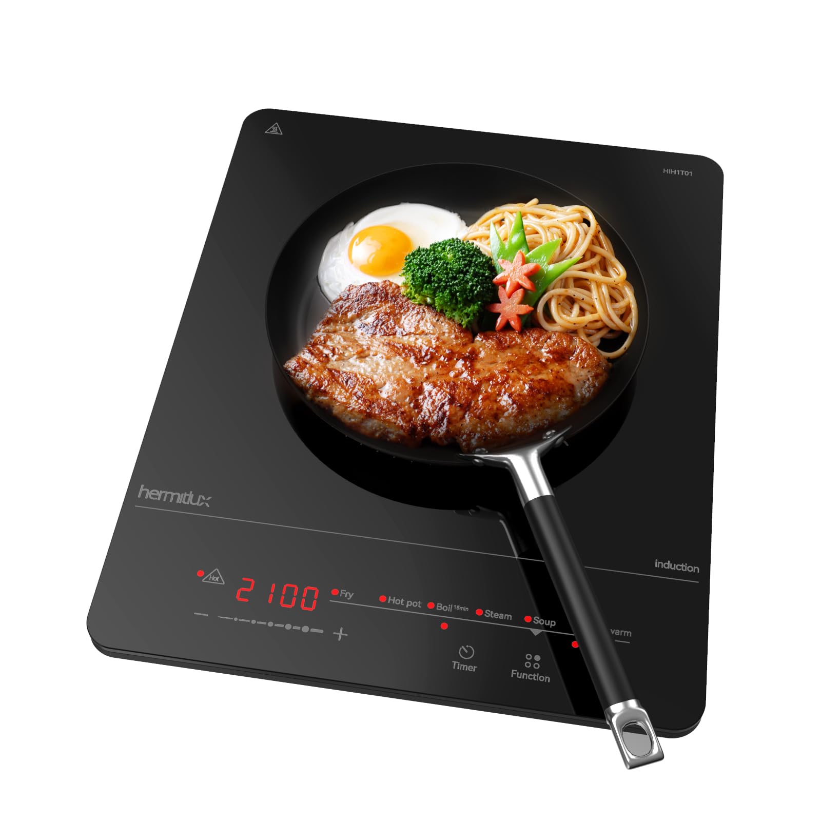 Hermitlux Induction Hob 1 Zone – 6 Programs, 9 Power Levels, Timer and Keep Warm Function – 2100 W Portable Kitchen, Compact Size for Kitchen, Office, Black