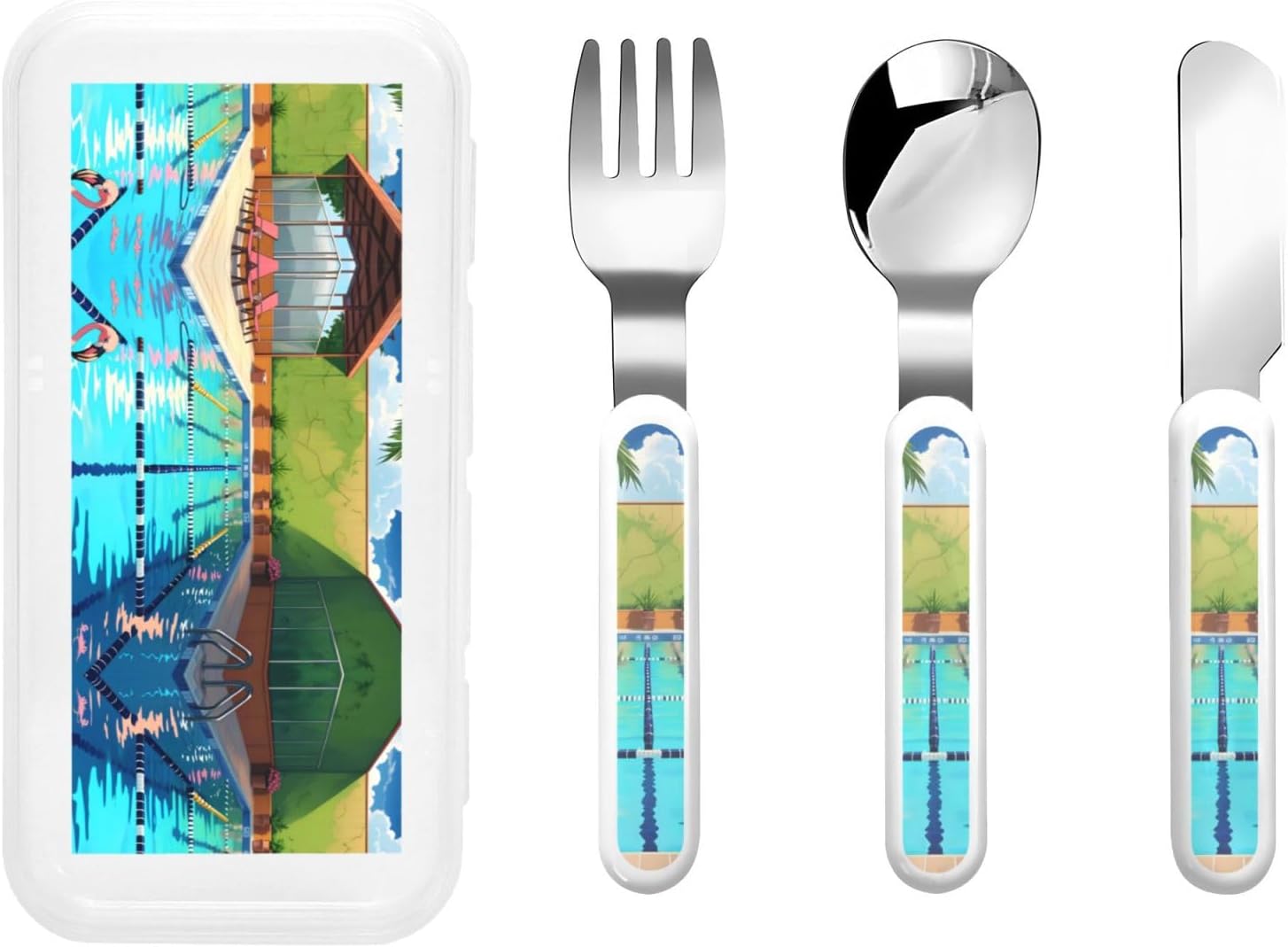Flamingo and swimming pool Children's three-piece knife, fork and spoon set, stylish white handle and portable box 6.3×3.1 inches