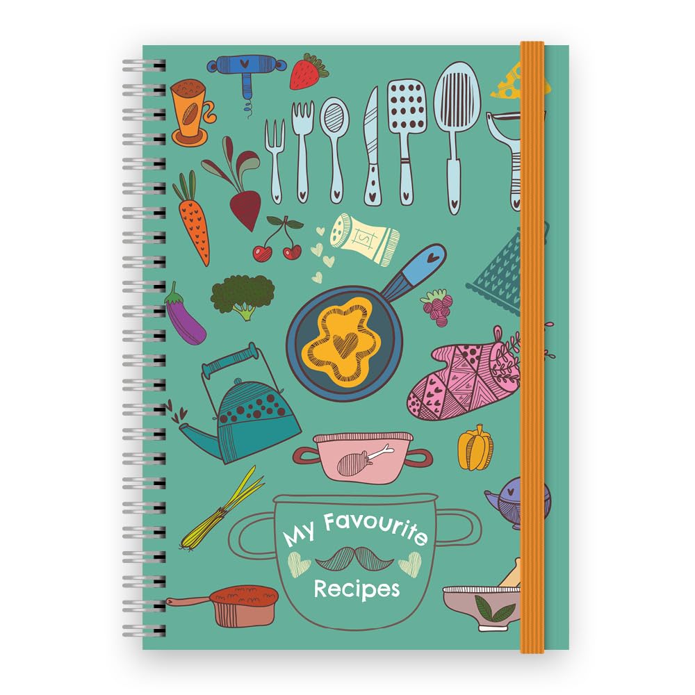 Recipe Journal Notebook- Blank Recipe Cookbook write your own recipes and organise your recipe collection. A5 Spiral Bound,128 Ruled Pages and Elastic Page Divider. Cooking Themed cover design