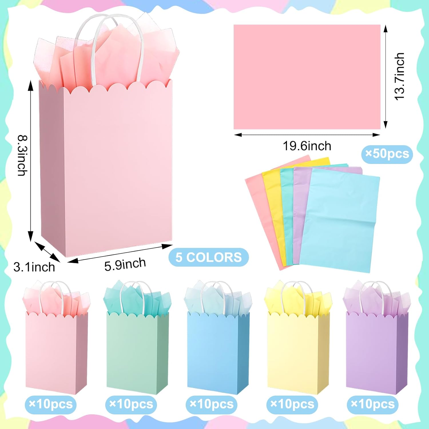 50 Pcs Pastel Party Favor Gift Bags Bulk with Handles and Tissue Paper 8.3 x 5.9 x 3.15 Inch 5 Colors Scalloped Paper Candy Treat Goodie Bags Party Supplies for Birthday Wedding Bridal - Image 2
