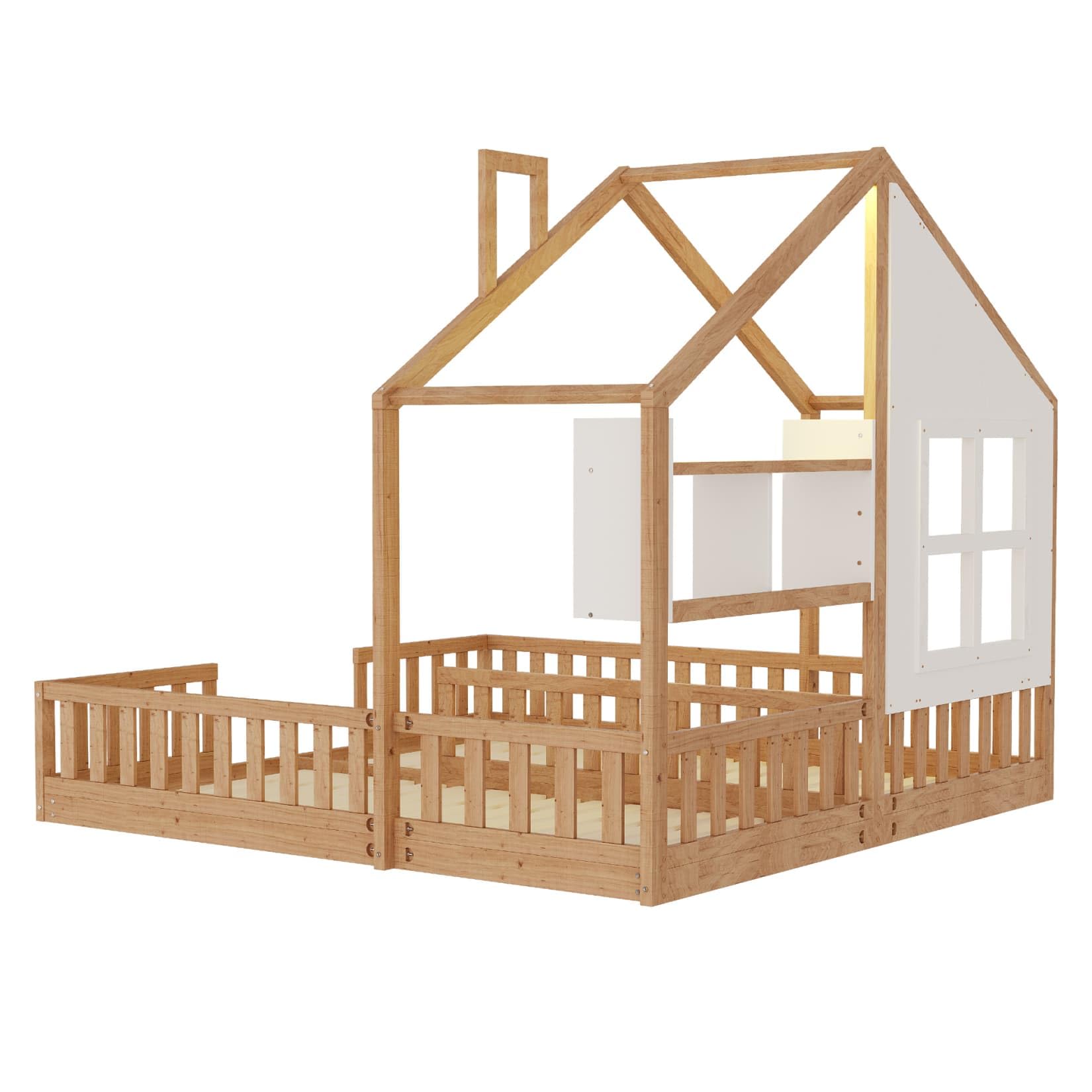 EURHCIO Lit Cabane au Sol 90x200cm*2,Lit 2 Personnes avec Éclairage LED Réglable,Étagères,Fenêtres et Cheminées,Sommier à Lattes Robuste,pour Garçons Filles(C-Naturel, 90x200)