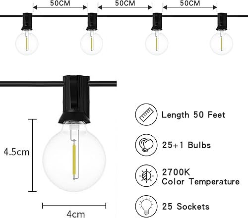 Miniatura 5 de GOHDLAMP Tira de luces G40 para exteriores de 50 pies  Bombillas LED de globo 25+1 blanco cálido 2700 K, impermeable e inastillable, patio, jardín,