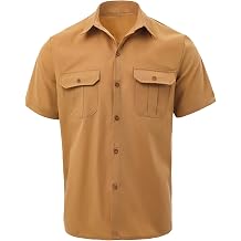Mens Short Sleeve Button Down Shirts with Two Pocket Business Work Casual Vintage Stretch Cotton Shirts Clothes