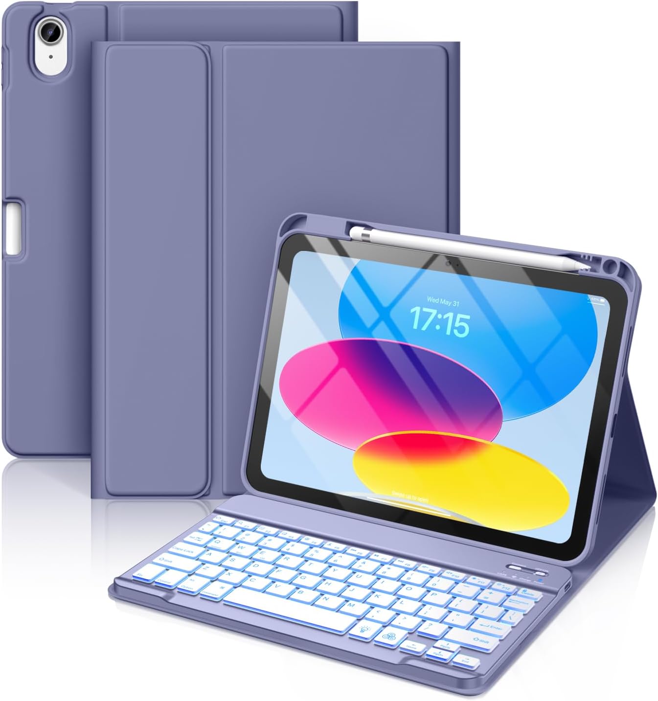 Hamile iPad 10th Generation Case with 10.9 inch Keyboard - 7 Colors Illuminated Wireless Detachable Folio Keyboard Case with Pen Holder for New iPad 10th Generation 2022