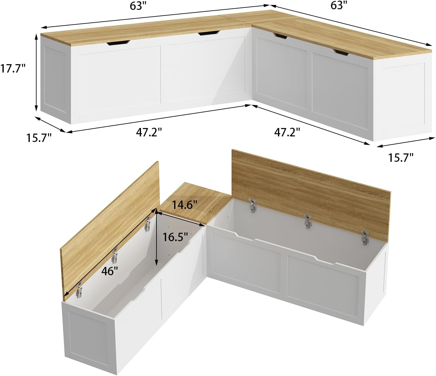 Lovinouse 63 Inch L Shaped Storage Bench Seat, Corner Kitchen Breakfast Nook Bench Seating with Hidden Storage, L Shaped Dining Benches for Entryway, Living Room, Dining Room (White & Natural)