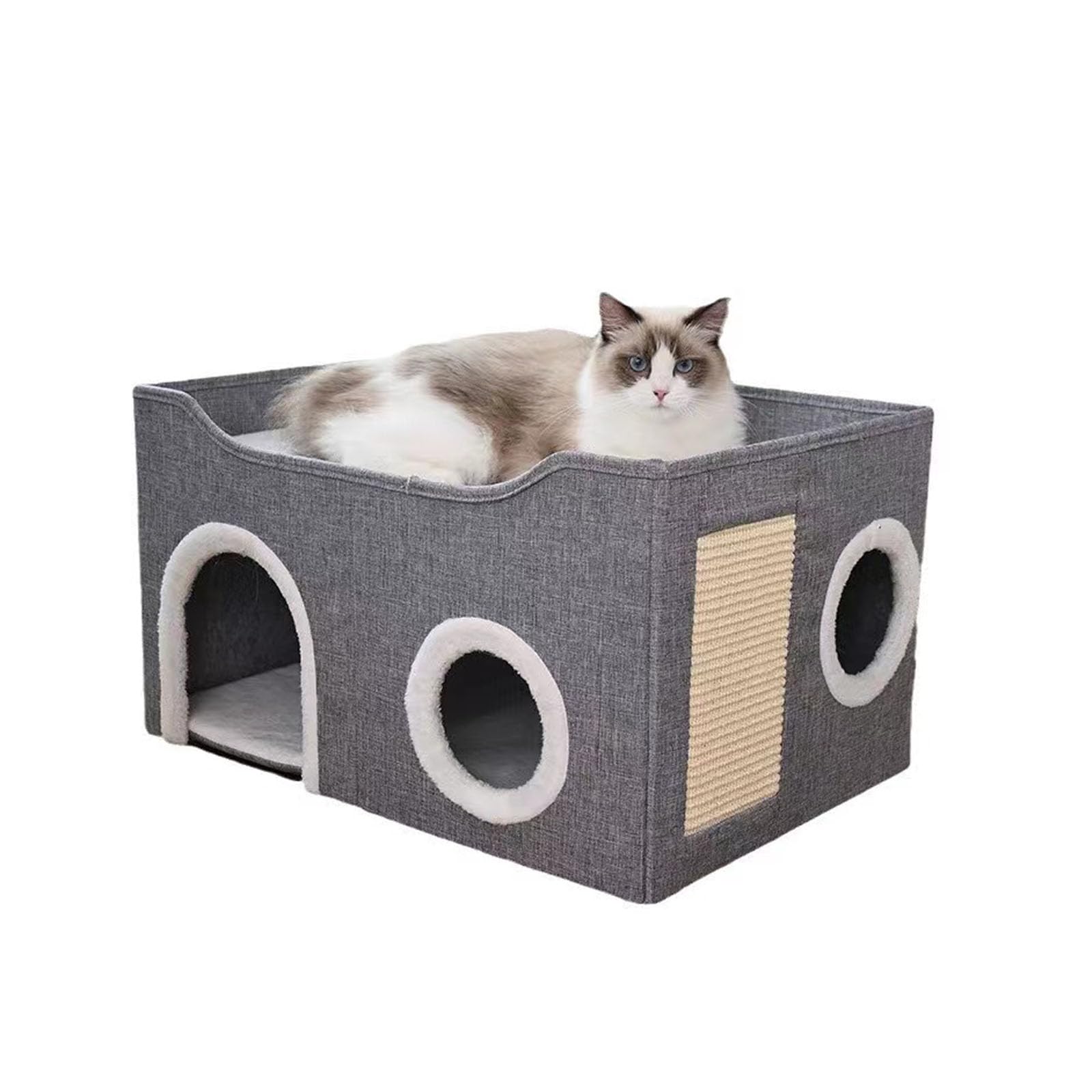Cat House Cave Hideout with Hanging Ball and Scratch Pad, Collapsible (Grey, 21.6 x 15.7 x 15.7 inches)