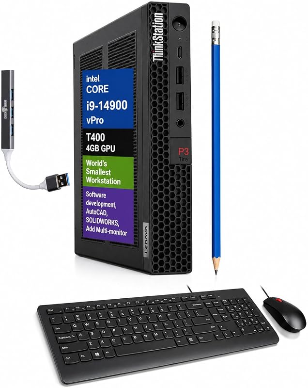 Estación de trabajo pequeña ThinkStation P3, Intel i9-14900 vPro, GPU T400 de 4 GB | 32GB DDR5, 1TB PCIe SSD, WiFi 6, Win 11 Pro, Mini PC para CAD, Ingeniería, Comercio, Soporte para múltiples monitores + Expansor USB DKZ