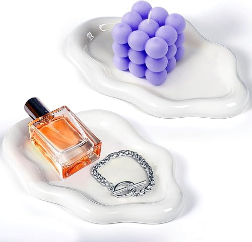 Miniatura 8 de Paquete de 2 bandejas de cerámica para joyas, bandeja decorativa con forma de nube, bandeja de perfume para decoración del hogar, bandeja de velas