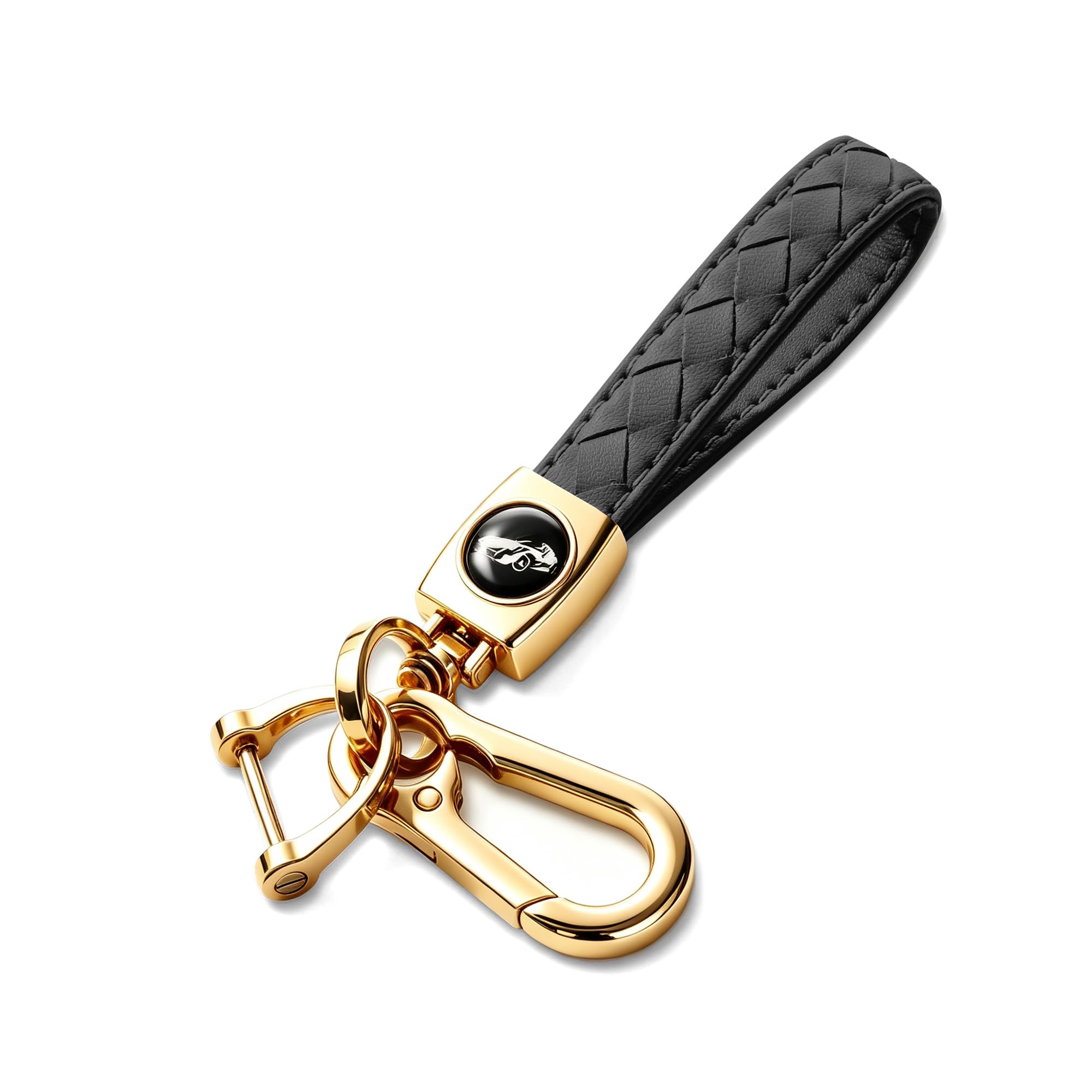 Gkeygo Carabiner Keychain, Universal Heavy Duty Woven Handmade Leather Key Chain, Car Fob Key Keychains with 360 Degree Rotatable Snap Swivel and Anti-Lost D-Ring for Men and Women,Light Gold - Black