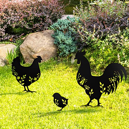 KOLYMAX Lot de 3 figurines de poule en métal pour jardin, décoration de jardin - Silhouette d'animaux creux, silhouettes de famille de poules pour allée,...