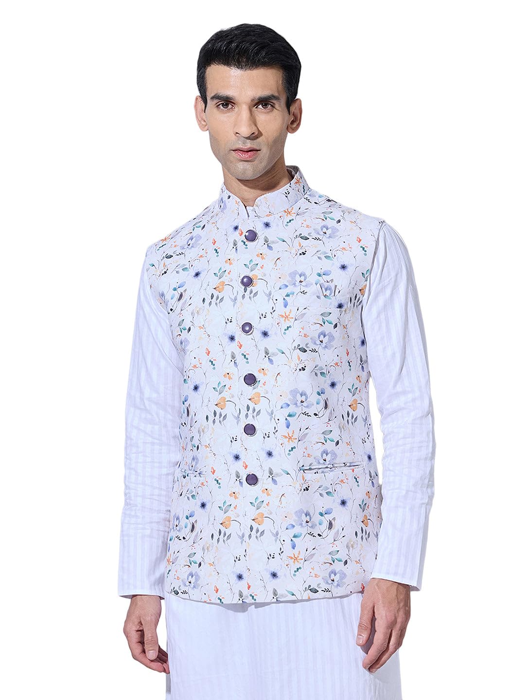 showoffff Men's Floral Printed Cream Nehru Jacket-AK-3203-1_Cream-picture-43