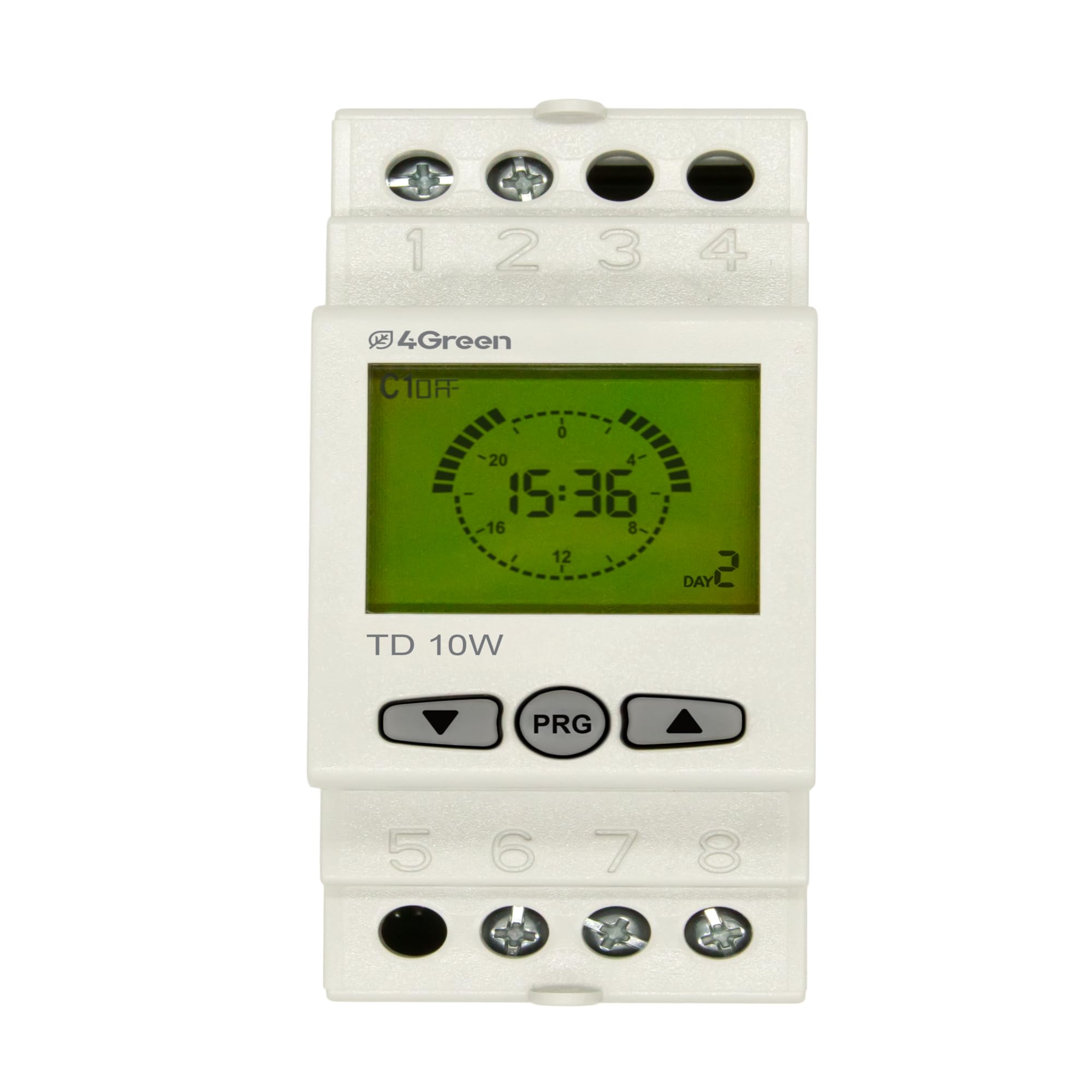 4GREEN TD 10W - Digitale Zeitschaltuhr für Hutschiene 2 TE, Wochenprogramm, LCD-Display mit Hintergrundbeleuchtung, 16A Relais, automatische Zeitumstellung Sommer/Winter, Weiß
