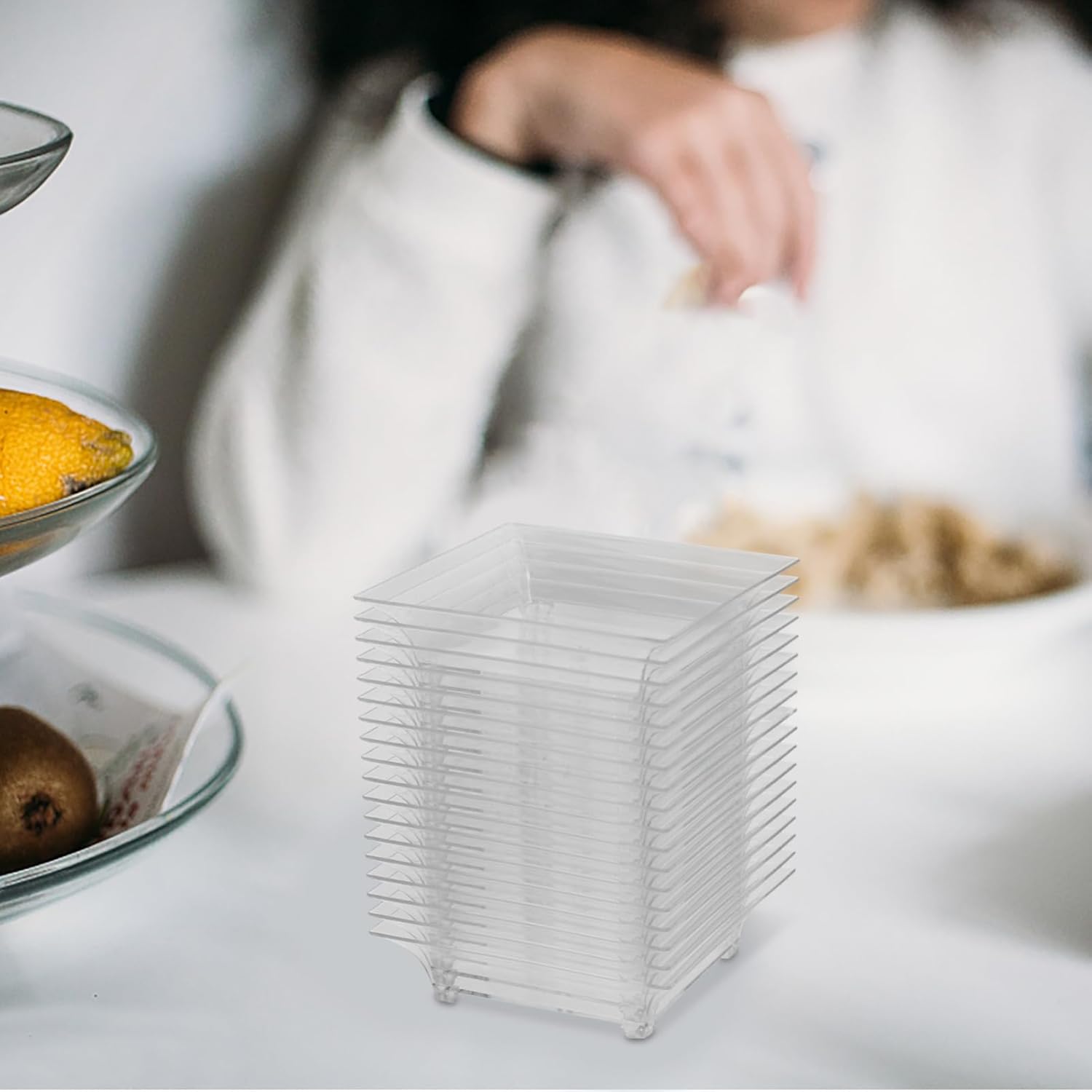 Small Dessert Plates Set of 100 Mini Spoon Square Plastic Plates for Salad Snacks