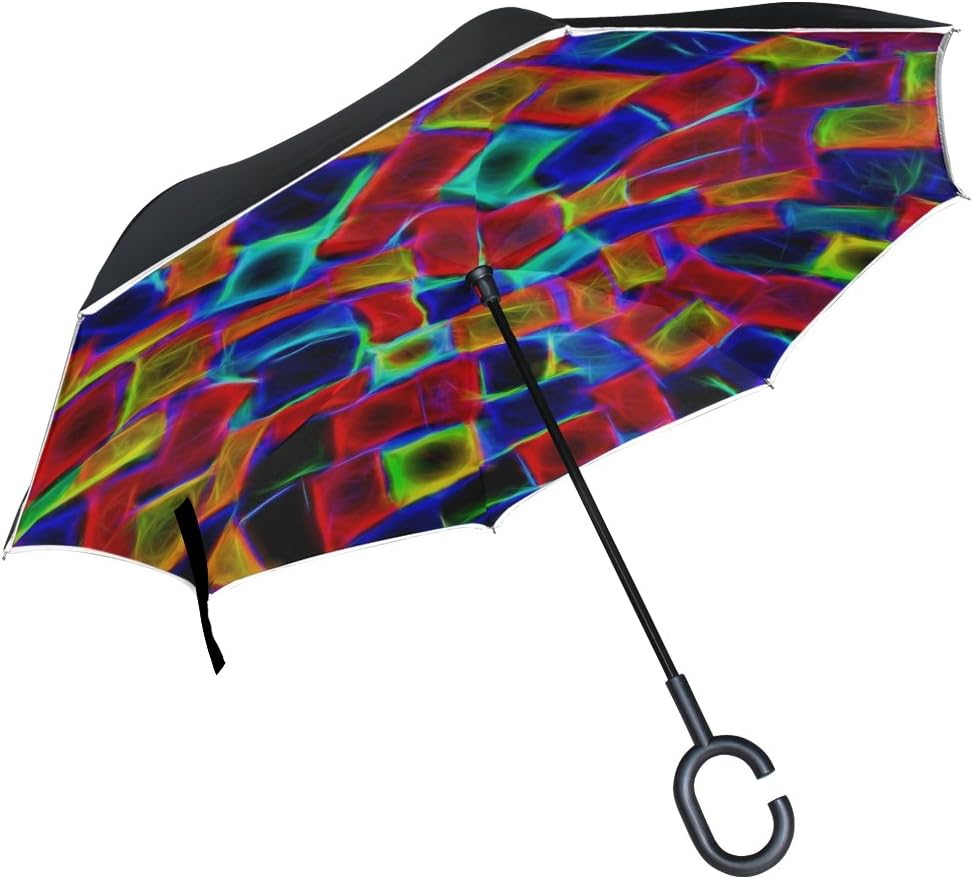 TIANYUSS Double Layer Inverted Neon Glow Glowing Light Design Bright Black Umbrellas Reverse Folding Umbrella Windproof Uv Protection Big Straight Umbrella For Car Rain Outdoor With C-shaped Handle