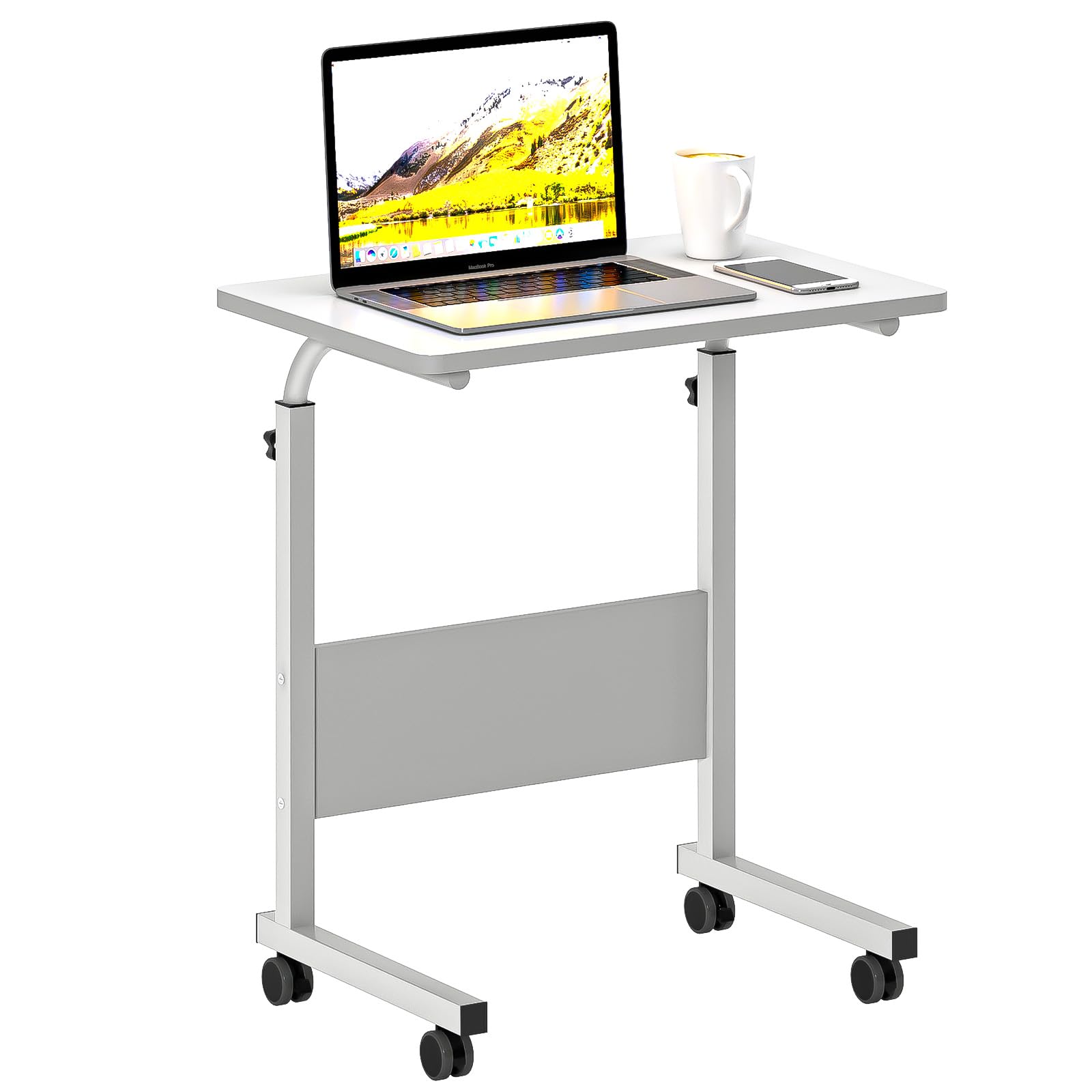 sogesfurniture Rolling Laptop Stands Desk Cart,23.6 inches Height Adjustable Mobile Sofa Side Table with Wheels, Small C Table for Couch Bed Sofa, White,BHUS-05-1-60WT