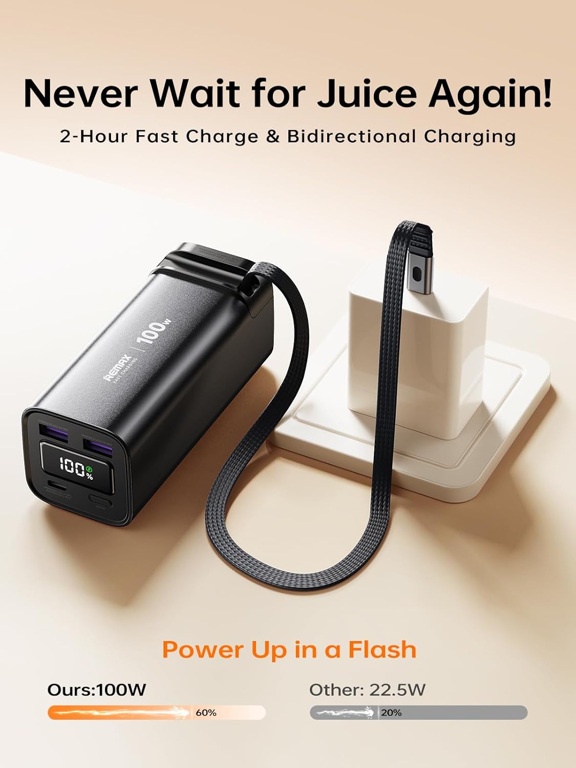 REWONDER FC-22 Power Bank displaying charging speed comparison for various devices.