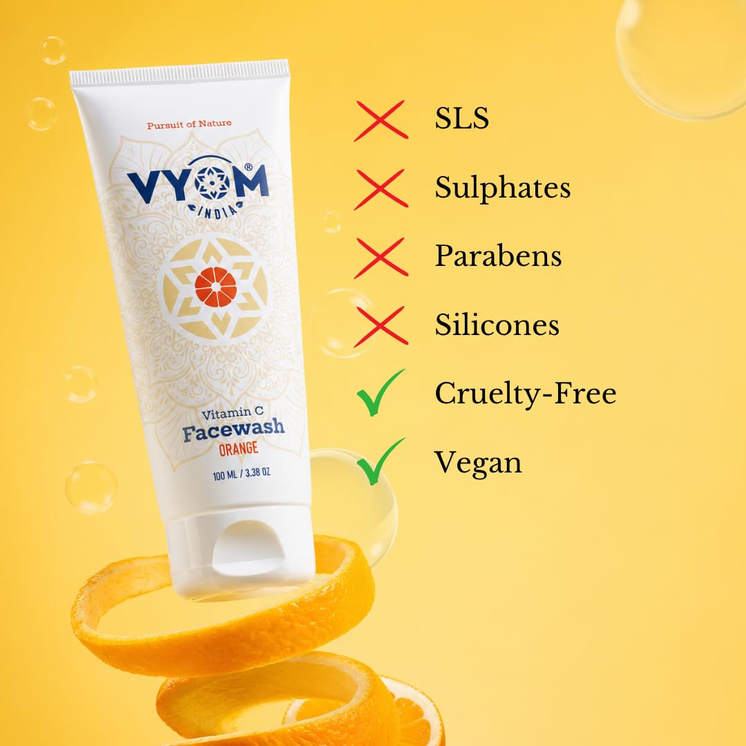 Vyom India Vitamin C Face Wash 100ml for Women & Men Orange Face Wash for Glowing & Hydrating Skin, Improves Skin Tone, Fades Dark Spots, Sulphate & Paraben Free 100% Organic & Natural 2