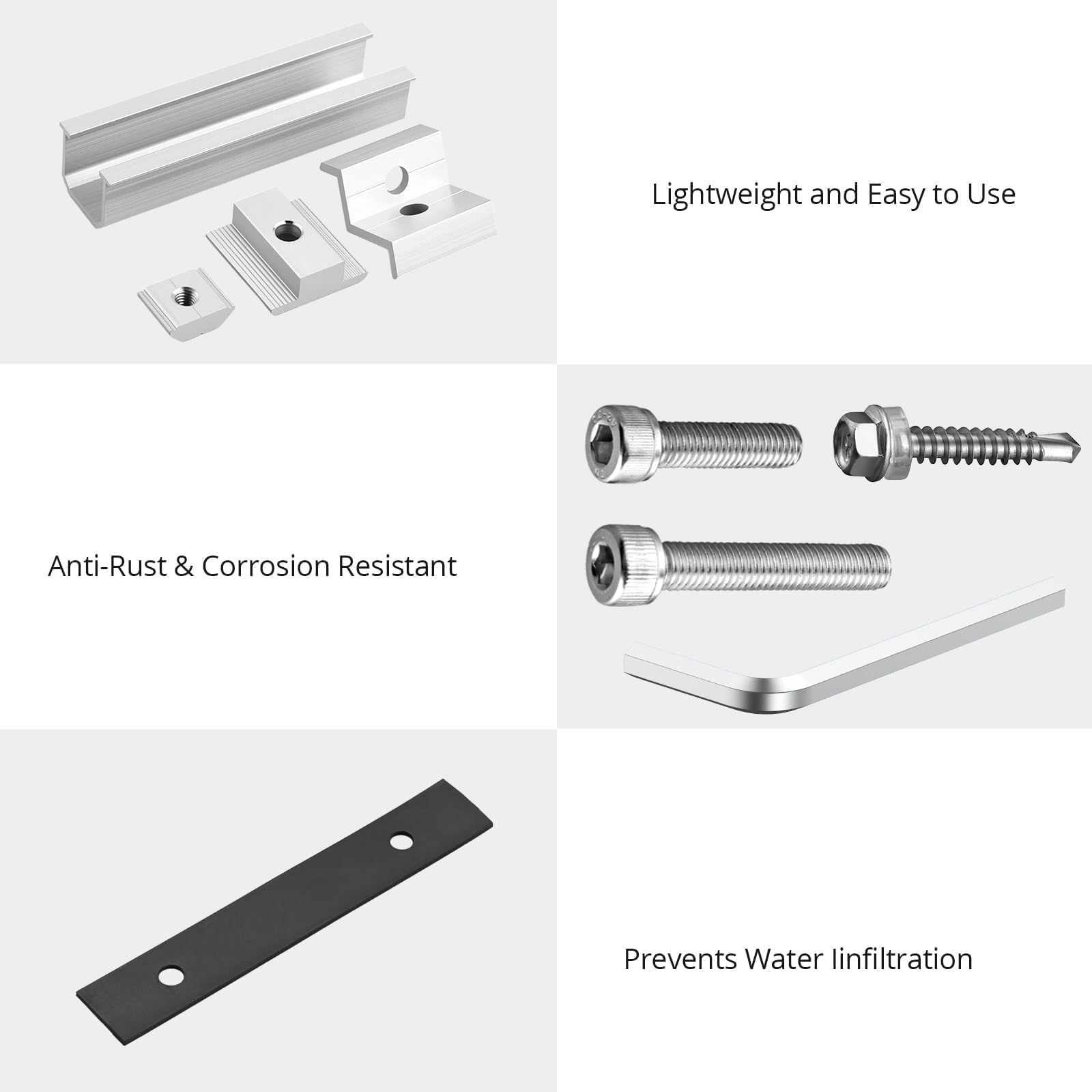 Anbte Kit di supporto per pannello solare, adatto per 4 pannelli solari da 30/35 mm, argento | 10 binari corti da 120 mm in alluminio con 6 morsetti centrali da 40 mm + 4 morsetti terminali da 40 mm + 1 chiave inglese