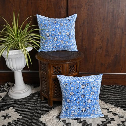 Image of Cotton Cushion Covers 16x16 Inch - Hand Block Floral Print Pillow Covers for Sofa, Couch & Bedroom (Pack of 5) (Blue)