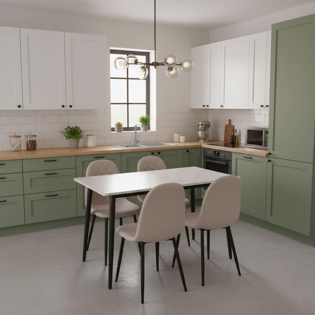 Set tavolo da pranzo e 4 sedie da sala da pranzo imbottite in velluto trapuntato, Tavolo da cucina rettangolare 120x70cm con top effetto marmo e gambe in metallo - Vasco e Laura (Panna)