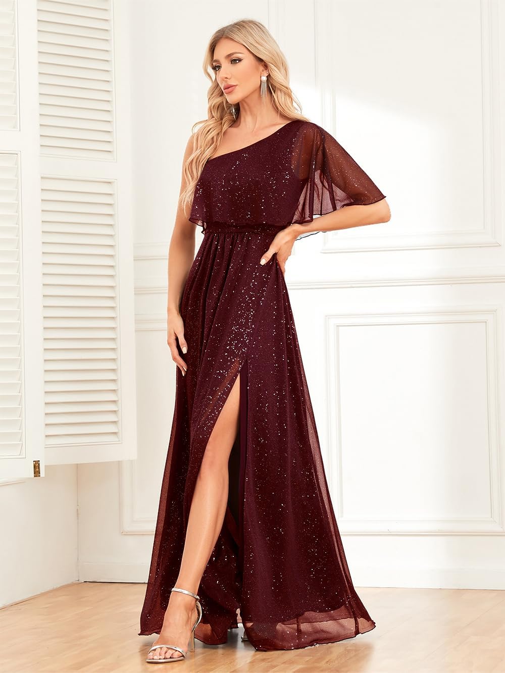 One Shoulder Formal Dresses for Women Long Sparkly A Line Split Evening Gowns Wedding Guest Dress - Image 5