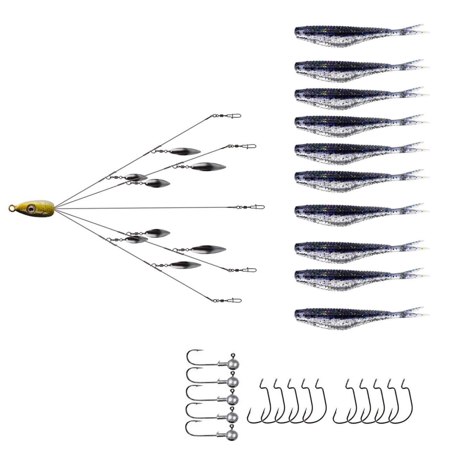 XhuangTech Przynęty Alabama Rig, 5 ramion Alabama Parasol Rig z miękkim ogonem wiosłowym do pływania przynęta basowa haczyk na szczupak / pstrąg / Crappie w słodkiej lub słonej wodzie