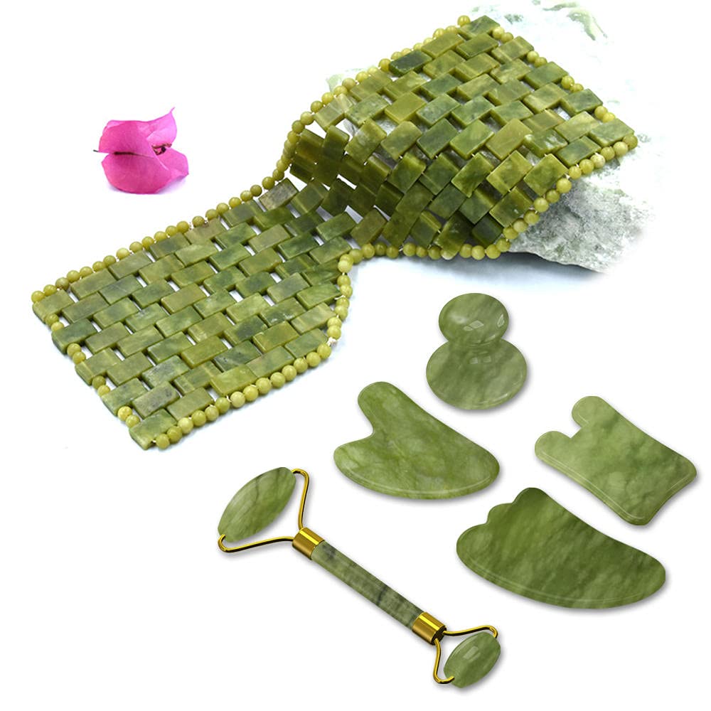 Maschera del sonno del rullino facciale della giada per il massaggio del viso dell'occhio Anti-invecchiamento 100% in pietra naturale Guasache Raschiaggio del rullo di massaggio-5 in 1 set
