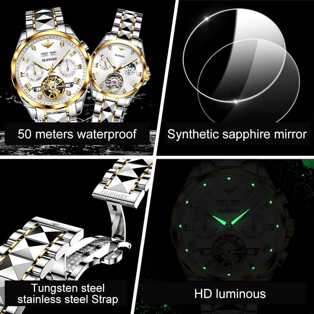 OLEVS Couple Pair Watches Set Automatic Mechanical Self Winding Dress Matching Watch for His and Hers Valentines Day Gifts