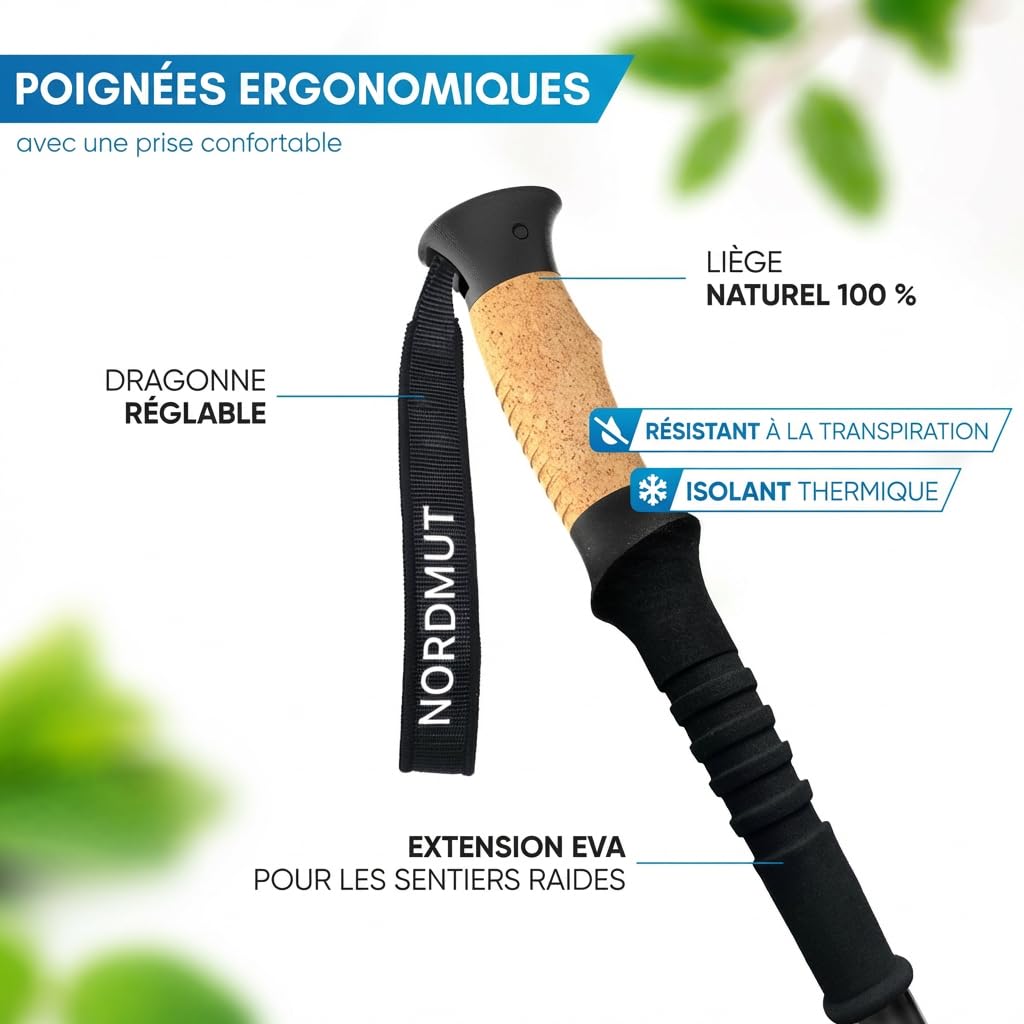NORDMUT® Bâtons de randonnée télescopiques de qualité supérieure [aluminium et carbone] Bâtons de marche nordique réglables pour homme et femme | Bâtons de trekking ultra légers [avec jeu de tampons en caoutchouc] extensibles avec poignée en liège véritab