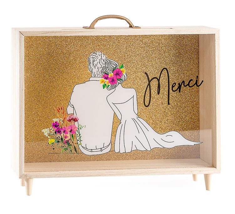 Générique Urne de Mariage en Bois Style Mallette, Fond Doré Pailleté avec Feuillage, 35 x 28 x 7,5 cm, Inscription Merci (Couple Mariés Bucolique Fond Or)