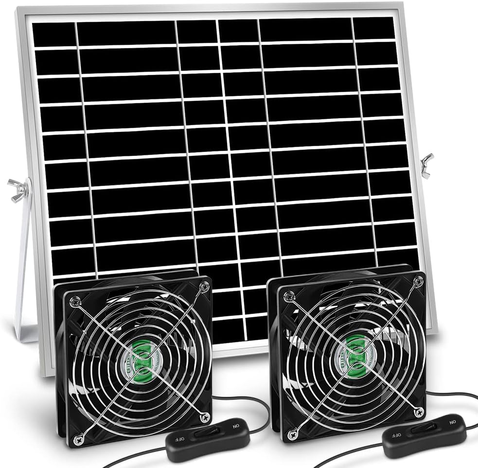 Solar Powered Fan, Solar Fan for Shed, Chicken Coop, Greenhouse, Outside with Two IPX7 Waterproof 5In Fans 13Ft On/Off Switch Cable Exhaust Intake Mounting Way and Installation Kits