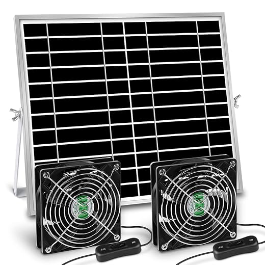 Solar Powered Fan, Solar Fan for Shed, Chicken Coop, Greenhouse, Outside with Two IPX7 Waterproof 5In Fans 13Ft On/Off Switch Cable Exhaust Intake Mounting Way and Installation Kits