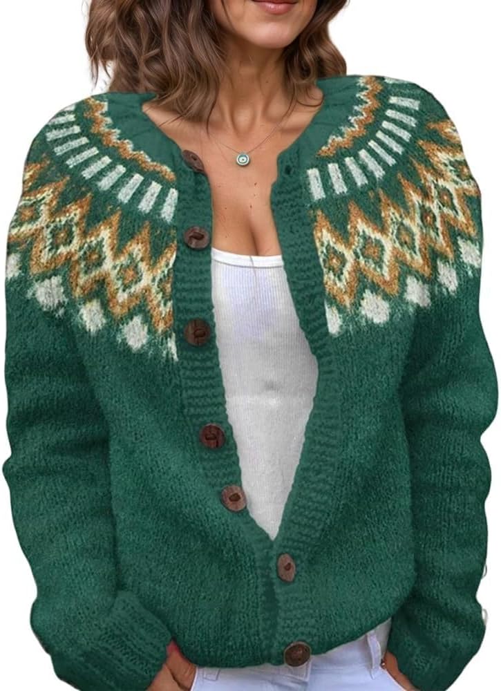 Women's Fair Isle Pattern Knit Cardigan Sweater Vintage Button Down Open Front Jacket Coat for Fall & Winter 2025