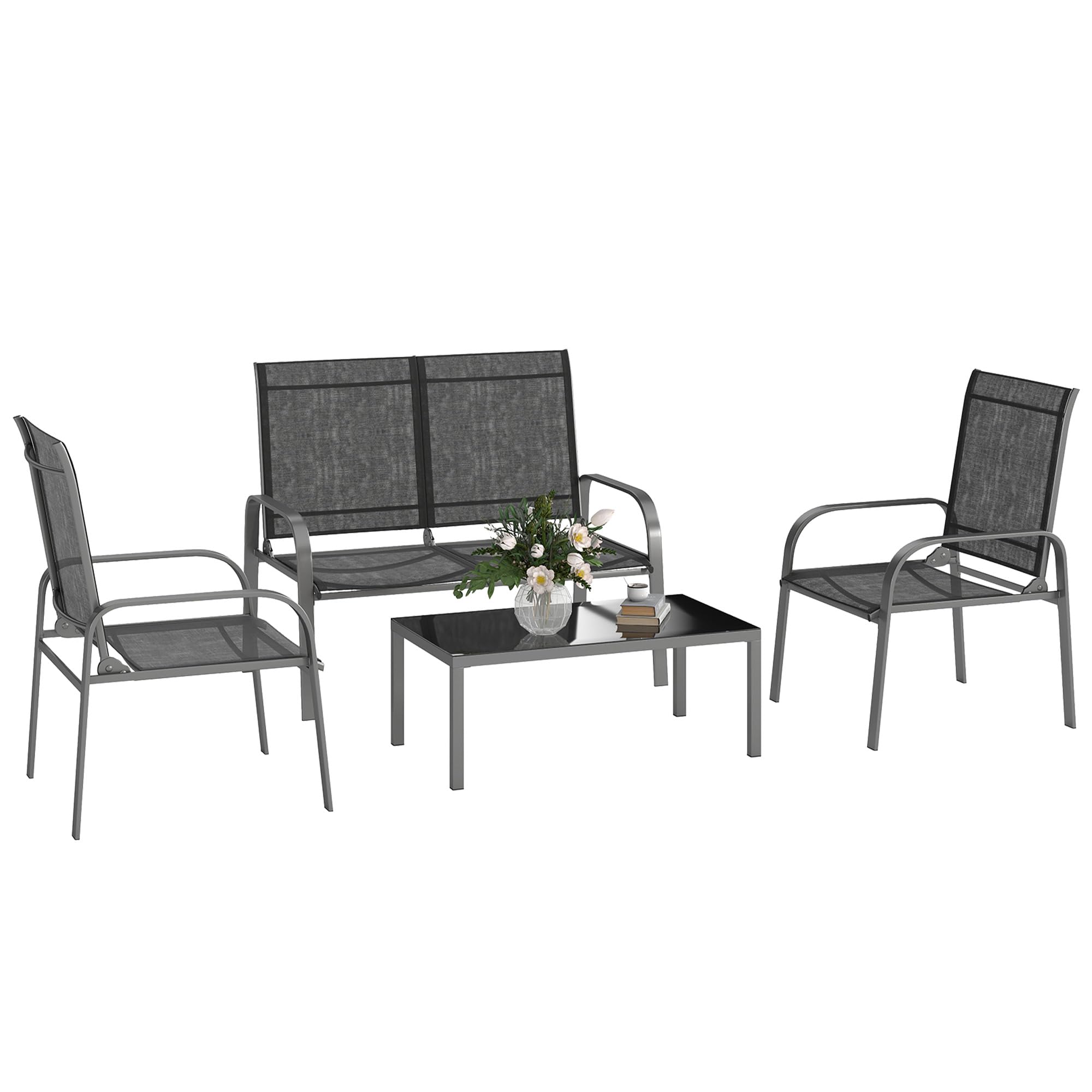 Outsunny Set Salotto da Giardino 4 Pezzi, Divanetto Esterno 2 Posti Schienale Regolabile, Tavolo Caffè Vetro, Impermeabile Acciaio Textilene Nero