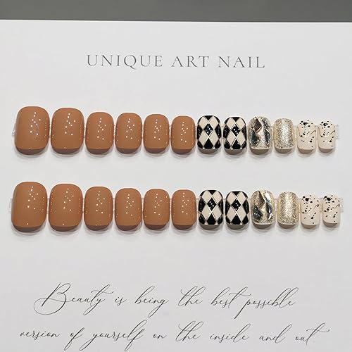 Miniatura 2 de Juego de 24 uñas a presión para otoño e invierno, de longitud media, 12 tamaños, punta de uñas francesas, cuadradas, cubierta completa con