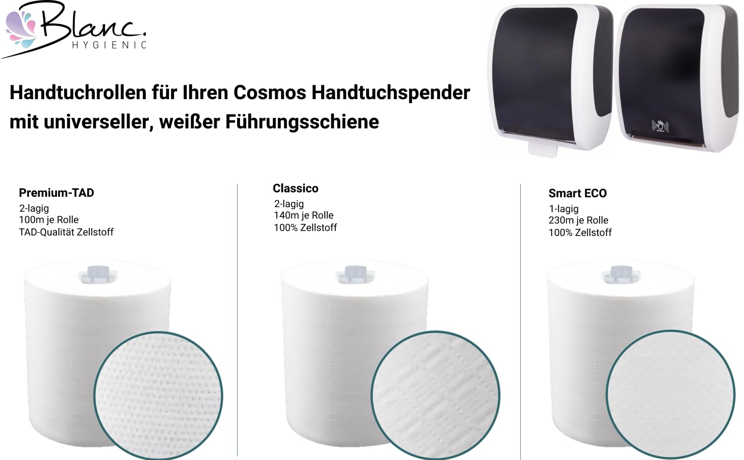 Premium-TAD-Handtuchrollen, 2-lagig, 6 × 100 m, weißer Führungsadapter