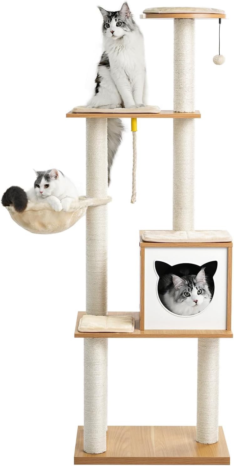Made4Pets Cat Tree, Modern Cat Tree Tower for Indoor Cats - 65" Tall Wood Condo with Hammock, Scratching Post and Removable Pads for Small Large Cats, Beige
