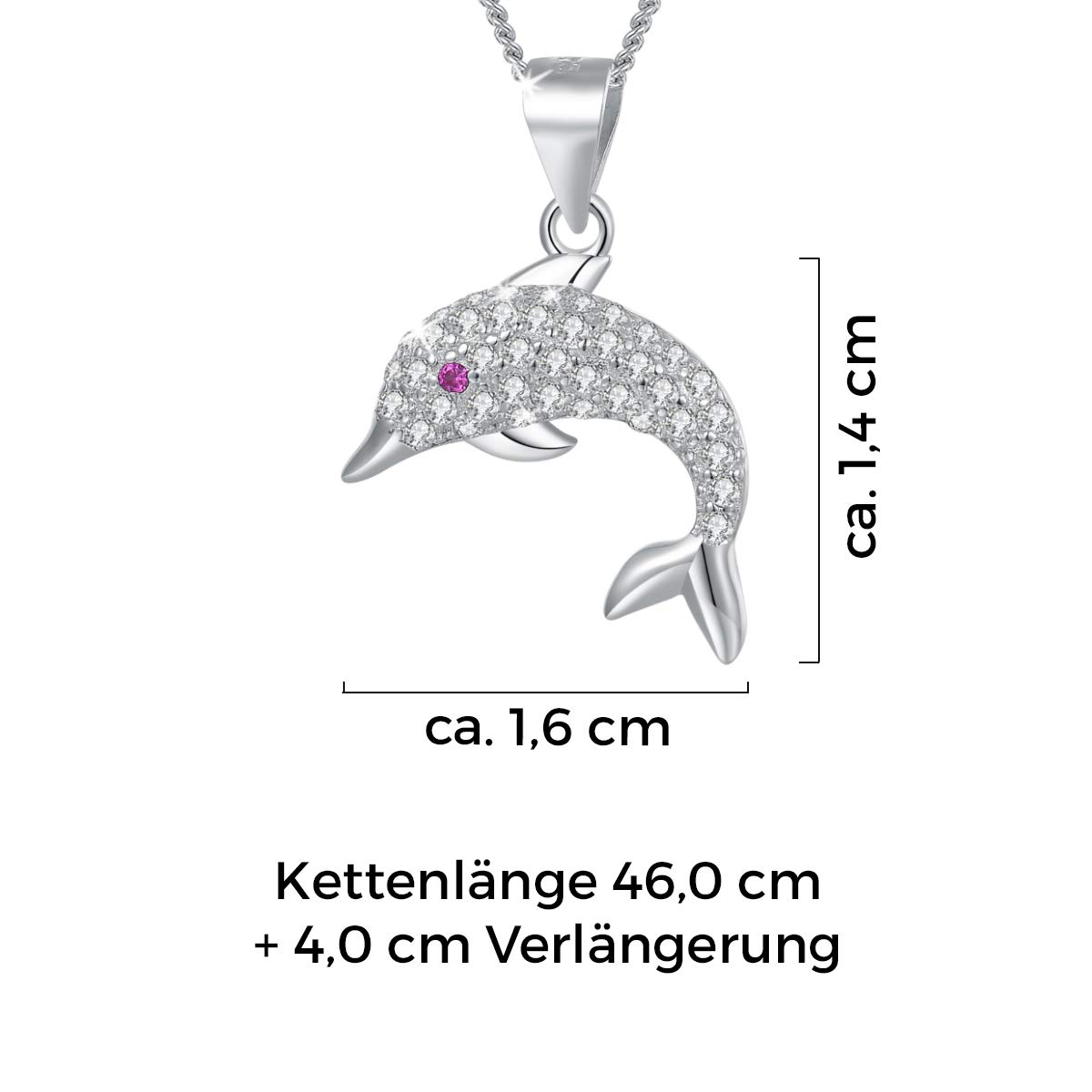 MENDOZZA Damen Kette Delfin Anhänger 925er Silber Halskette Zirkonia 50 cm