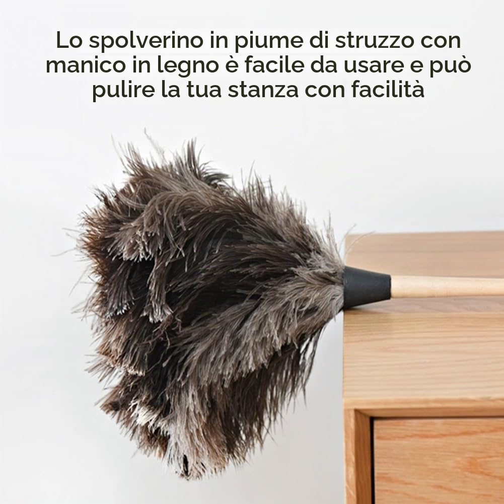 Spolverino per Piuma di Struzzo, Spolverino Soffice Piume di Struzzo Manico in Legno Riutilizzabile Lavabile ecologico Grande Pulizia per Piumino di Struzzo - 22,44 pollici