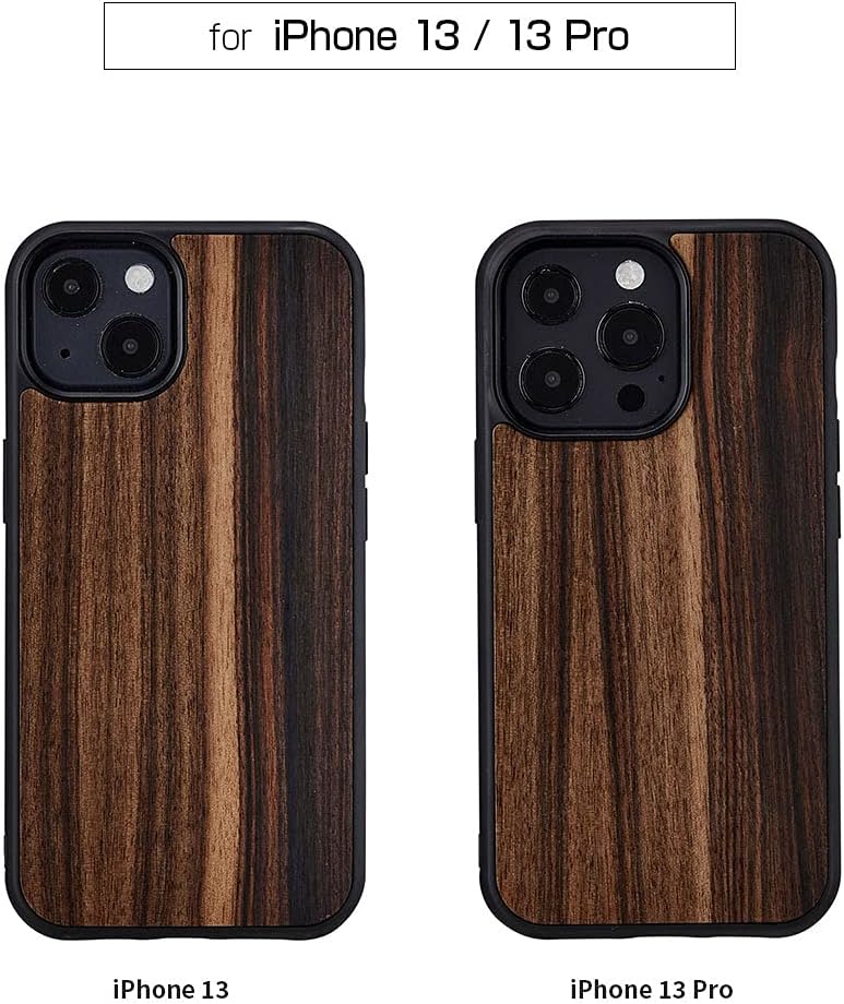 Man&Wood Ebony I21238i13P iPhone 13 Pro Case, Natural Wood, Natural Ebony, Hybrid TPU and Polycarbonate with Strap Hole, Wireless Charging
