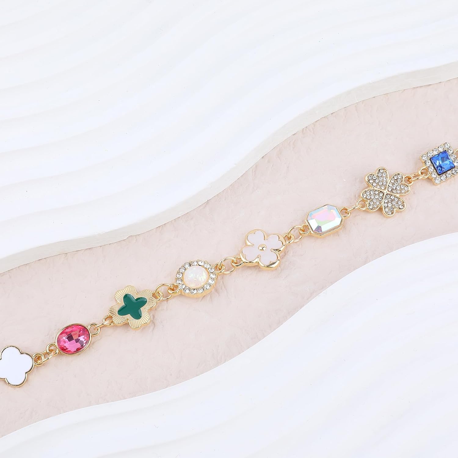 Gold Clover Charm Link Bracelet for Women Elegant Mother of Pearl Lucky Four Leaf Clover Bracelet Cute Colorful Rhinestone Clover Pendant Bracelet Adjustable Link Chain Trendy Party Jewelry Gift - Image 5