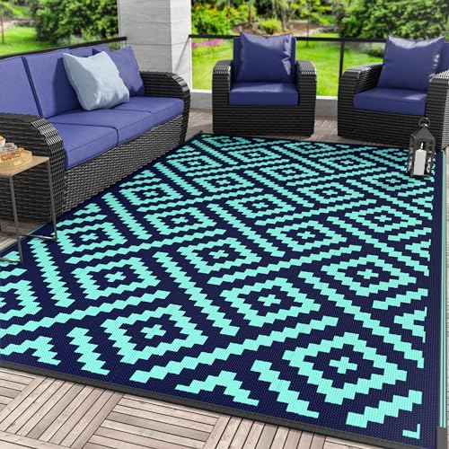 Image of GENIMO Outdoor Rug, Waterproof Plastic Rugs for Patio, 6'x9' Blue Green | Outside Larger Modern Carpet Mat for Porch Decor, Deck, Balcony, Camping, RV, Backyard, Picnic, Beach, Reversible, Foldable