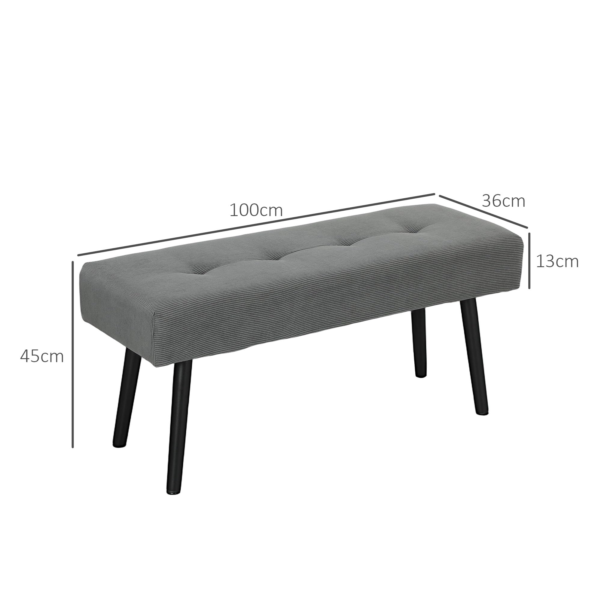 HOMCOM - Banco de banco moderno con punta de cama acolchada de pana y patas de acero negro, ideal para entrada, salón, dormitorio, carga 220 kg, 100 x 36 x 45 cm, color gris